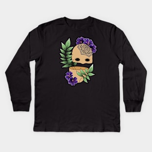 Surreal Plant Person with Realism Flowers and Mandala Tattoo on Bald Head Kids Long Sleeve T-Shirt